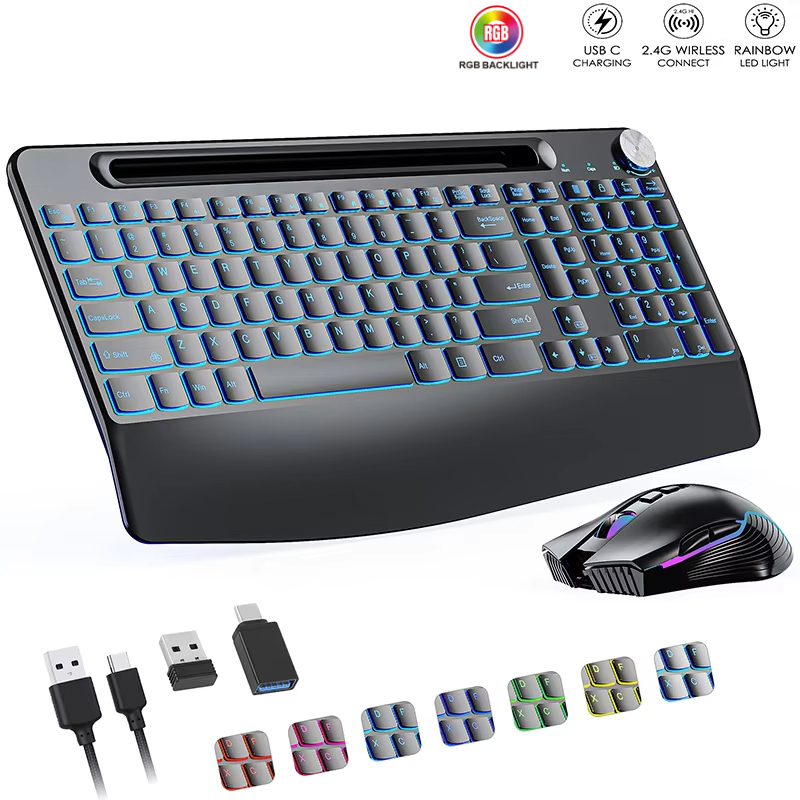 Gaming Keyboard Types - 2.4G&Type-C draadloze toetsenbord-muiscombinatie met polssteun, RGB-achtergrondverlichting,