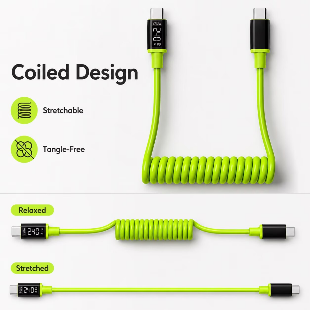 240W USB C/USB-A naar C Opgero - Coiled Usb Cable recensie en prijs